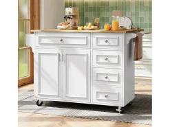 Isla de cocina moderna 130×45×92 cm - con 5 cajones y 2 puertas - encimera extensible - con ruedas - blanco