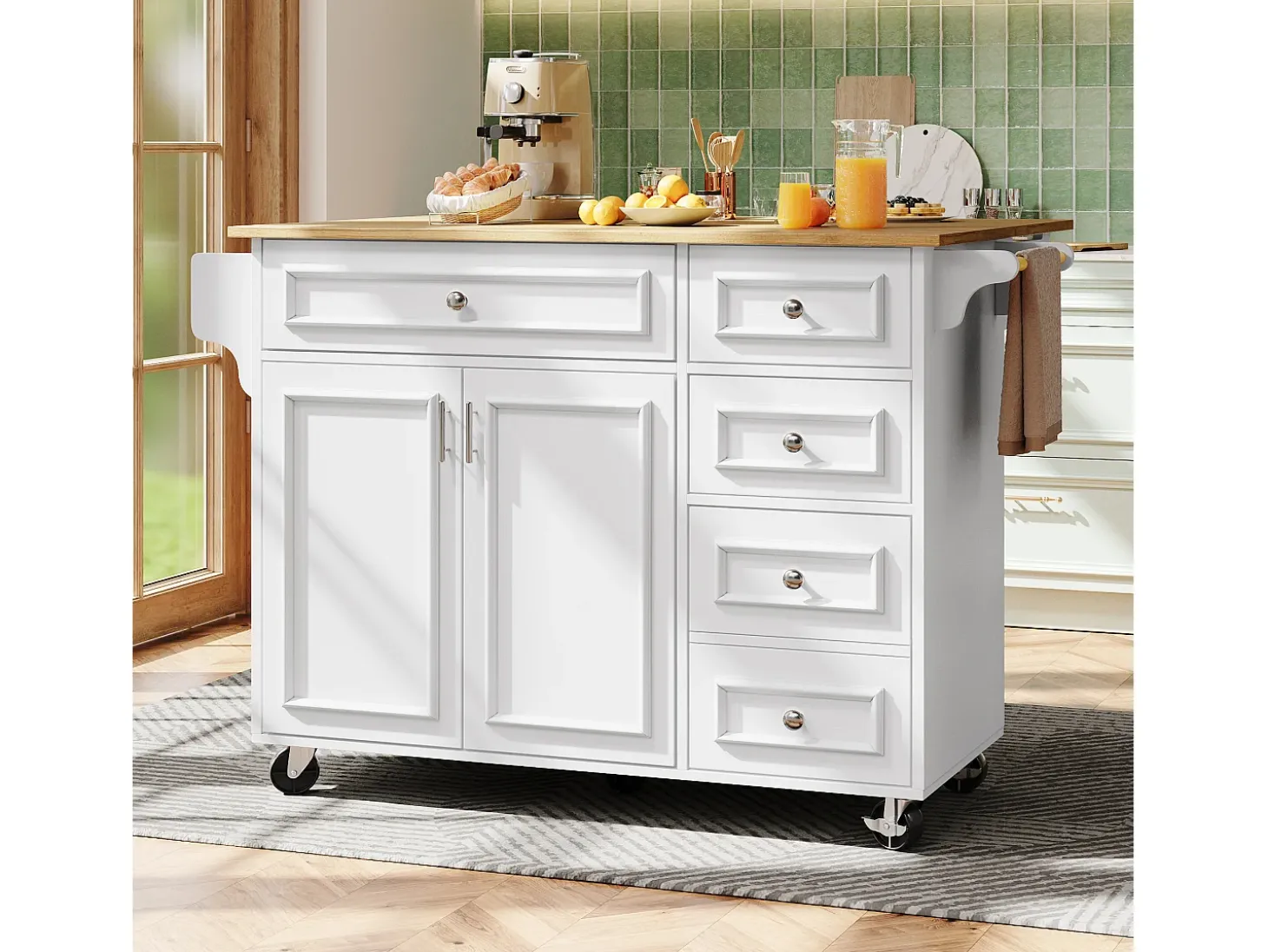 Isla de cocina moderna 130×45×92 cm - con 5 cajones y 2 puertas - encimera extensible - con ruedas - blanco