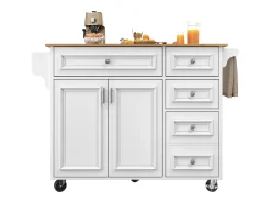 Isla de cocina moderna 130×45×92 cm - con 5 cajones y 2 puertas - encimera extensible - con ruedas - blanco