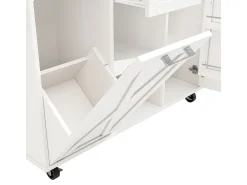 Isla de cocina moderna con espacio de almacenamiento y función de mesa de comedor, color blanco.
