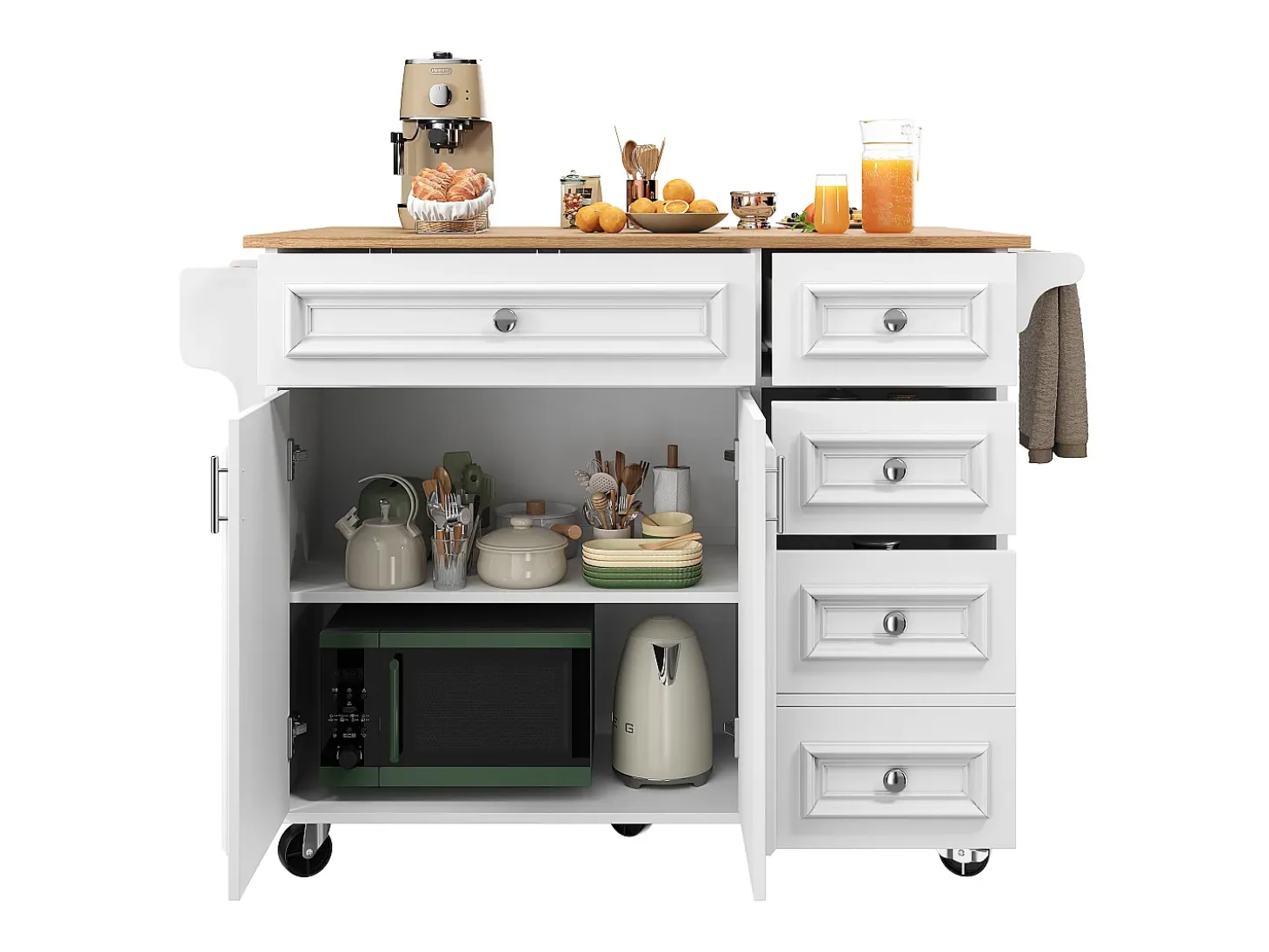 Isla de cocina moderna con encimera abatible, muebles de cocina, aparador extraíble, con motivos vintage, almacenaje multifuncional (110x45-75x92 cm)