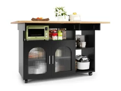 Isla de cocina moderna con estantes plegables, almacenamiento multifuncional, MDF, madera negra y natural (120x30x90 cm)