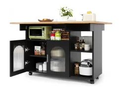Isla de cocina moderna con estantes plegables, almacenamiento multifuncional, MDF, madera negra y natural (120x30x90 cm)