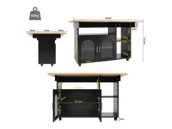 Isla de cocina moderna con estantes plegables, almacenamiento multifuncional, MDF, madera negra y natural (120x30x90 cm)