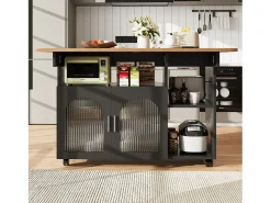 Isla de cocina moderna con estantes plegables, almacenamiento multifuncional, MDF, madera negra y natural (120x30x90 cm)