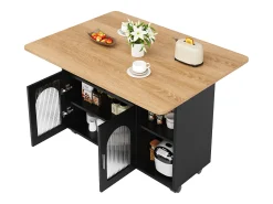 Isla de cocina moderna con estantes plegables, almacenamiento multifuncional, MDF, madera negra y natural (120x30x90 cm)