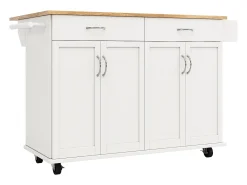Isla de cocina moderna con 4 puertas y 2 cajones - Encimera imitación madera 50(78)x106cm - Blanco