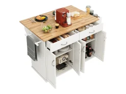 Isla de cocina moderna con 4 puertas y 2 cajones - Encimera imitación madera 50(78)x106cm - Blanco
