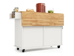 Isla de cocina moderna con 4 puertas y 2 cajones - Encimera imitación madera 50(78)x106cm - Blanco