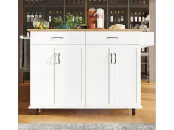 Isla de cocina moderna con 4 puertas y 2 cajones - Encimera imitación madera 50(78)x106cm - Blanco