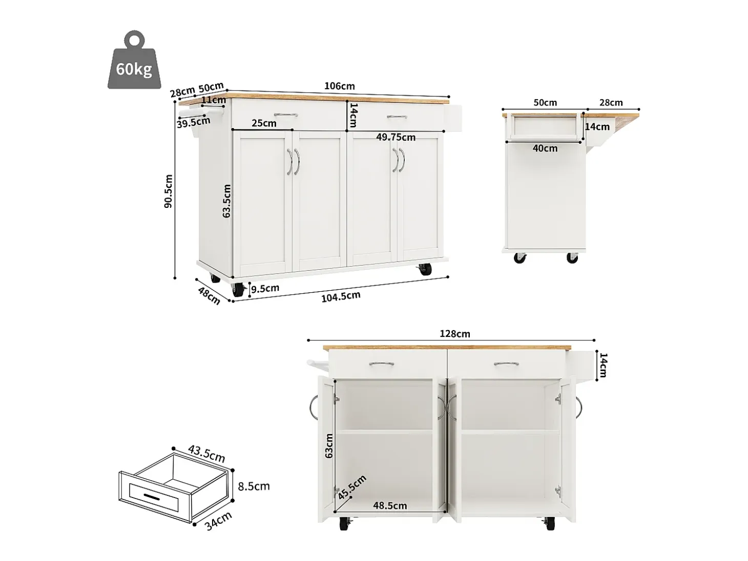 Isla de cocina moderna con 4 puertas y 2 cajones - Encimera imitación madera 50(78)x106cm - Blanco