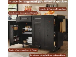 Isla de cocina moderna con almacenaje, aparador con mesa plegable, MDF y metal, color negro (110 x 46 x 90,5 cm)