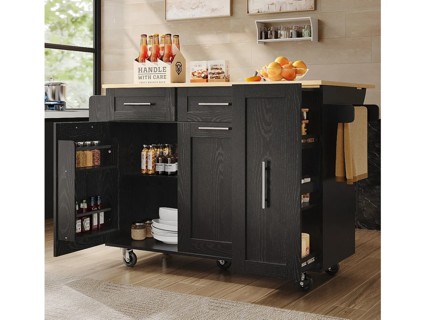 Isla de cocina moderna con almacenaje, aparador con mesa plegable, MDF y metal, color negro (110 x 46 x 90,5 cm)
