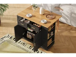 Isla de cocina multifuncional, mueble de almacenaje con mesa extensible, MDF, negro (120x65x90 cm)