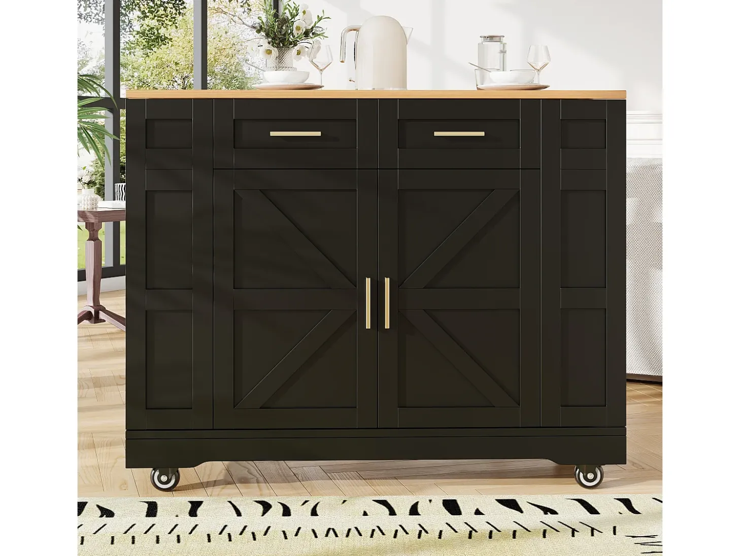 Isla de cocina multifuncional, mueble de almacenaje con mesa extensible, MDF, negro (120x65x90 cm)