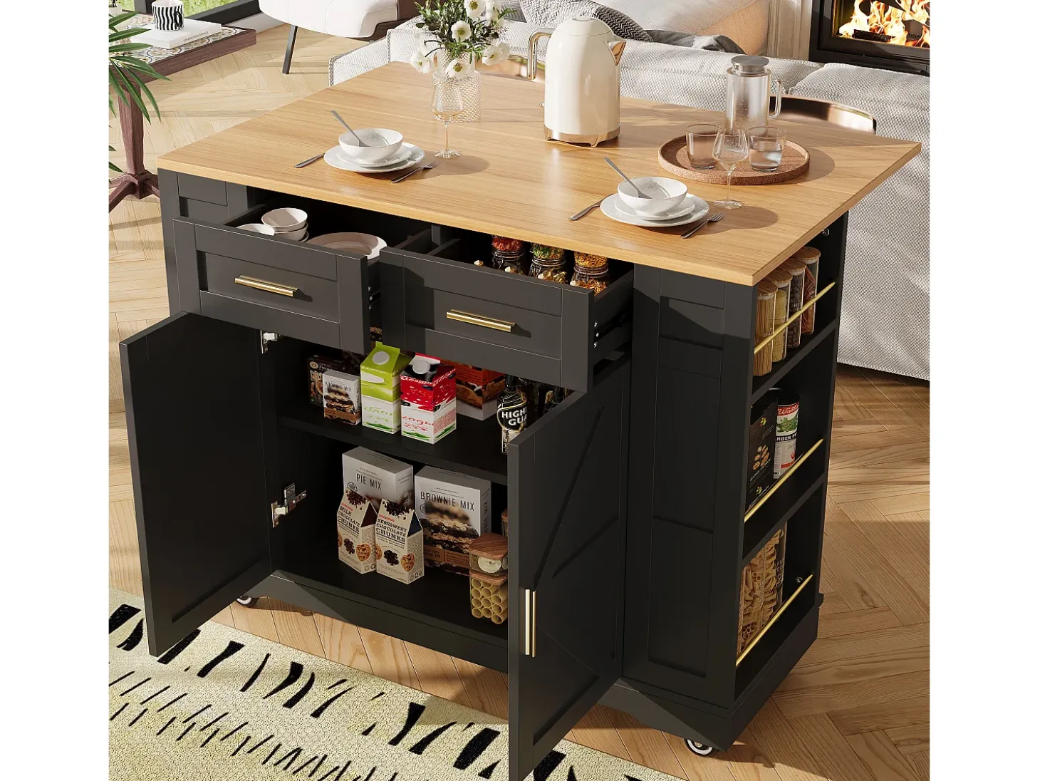 Isla de cocina multifuncional, mueble de almacenaje con mesa extensible, MDF, negro (120x65x90 cm)