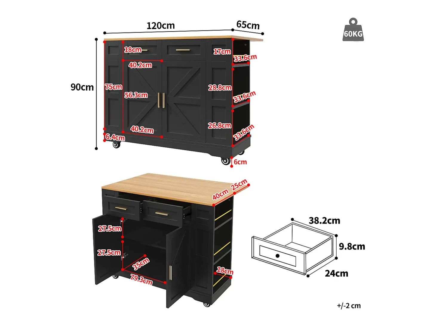 Isla de cocina multifuncional, mueble de almacenaje con mesa extensible, MDF, negro (120x65x90 cm)