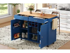 Isla de cocina multifuncional con encimera, almacenaje flexible y toallero lateral, madera natural, azul (102x45x92 cm)