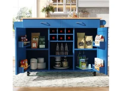Isla de cocina multifuncional con encimera, almacenaje flexible y toallero lateral, madera natural, azul (102x45x92 cm)