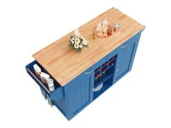 Isla de cocina multifuncional con encimera, almacenaje flexible y toallero lateral, madera natural, azul (102x45x92 cm)