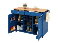 Isla de cocina multifuncional con encimera, almacenaje flexible y toallero lateral, madera natural, azul (102x45x92 cm)