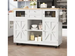 Isla de cocina móvil 140×70×93,5 cm - 2 cajones y 4 puertas - encimera extensible - estantes ajustables - blanco