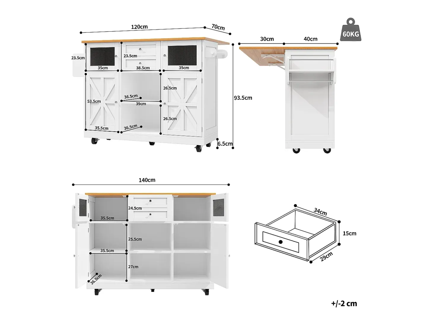 Isla de cocina móvil 140×70×93,5 cm - 2 cajones y 4 puertas - encimera extensible - estantes ajustables - blanco