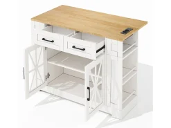 Isla de cocina móvil - con USB - encimera extensible - 2 cajones y 2 puertas - MDF - blanco