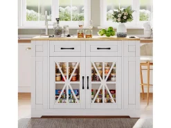 Isla de cocina móvil - con USB - encimera extensible - 2 cajones y 2 puertas - MDF - blanco