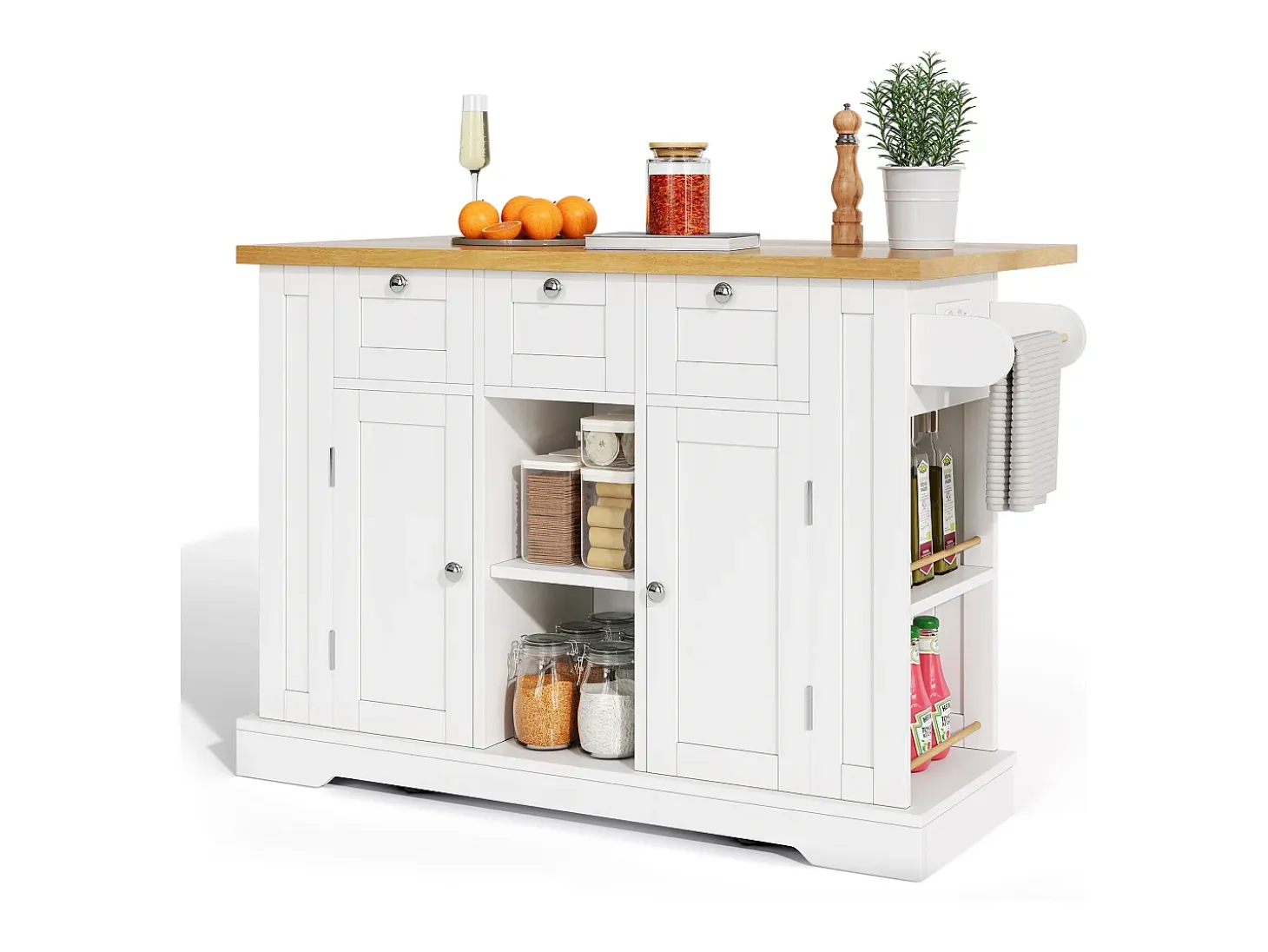 Isla de cocina móvil - con USB - encimera extensible - 3 cajones y 2 puertas - con toallero - MDF - blanco