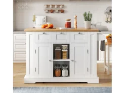 Isla de cocina móvil - con USB - encimera extensible - 3 cajones y 2 puertas - con toallero - MDF - blanco