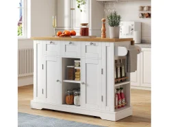 Isla de cocina móvil - con USB - encimera extensible - 3 cajones y 2 puertas - con toallero - MDF - blanco
