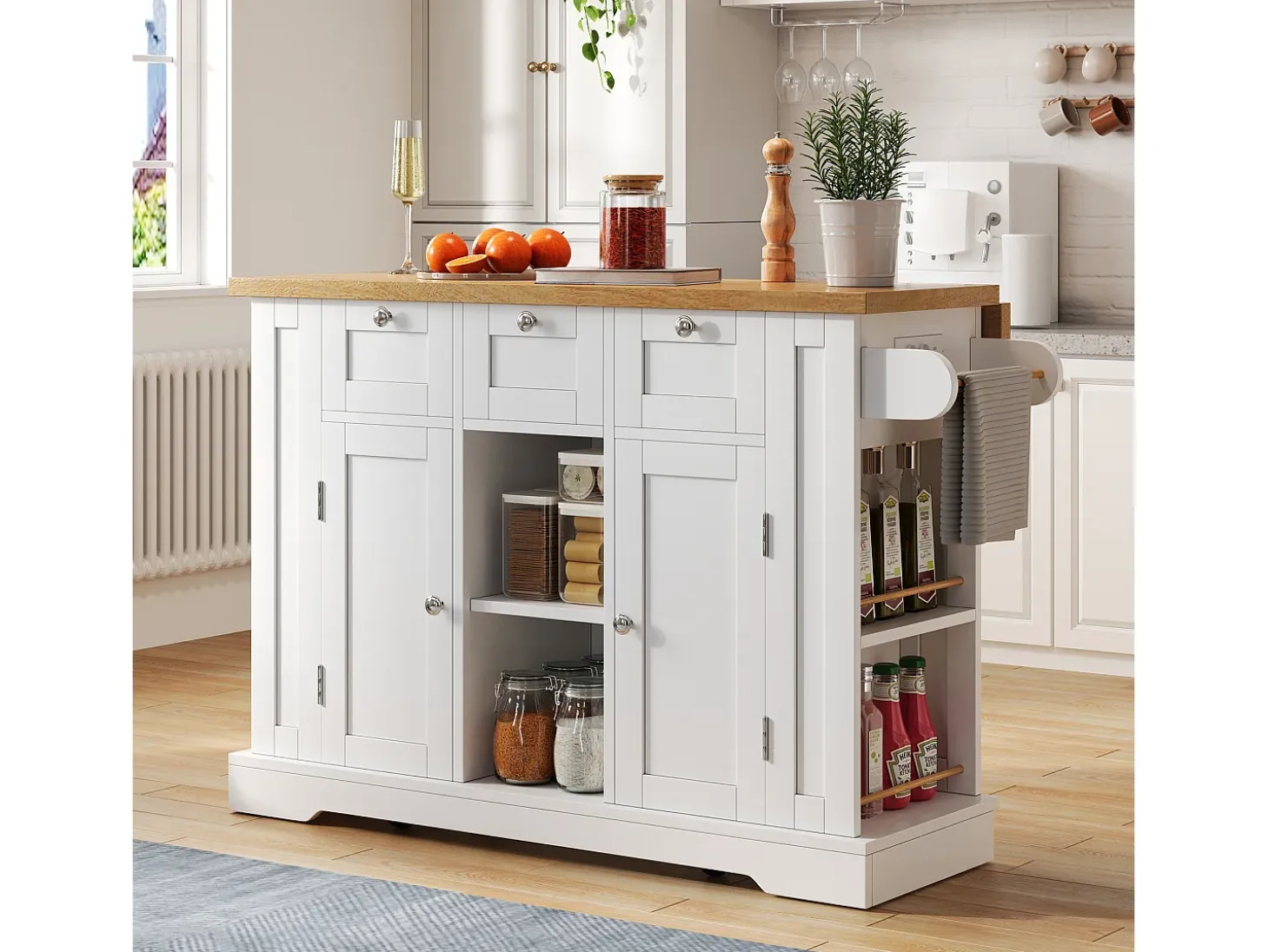 Isla de cocina móvil - con USB - encimera extensible - 3 cajones y 2 puertas - con toallero - MDF - blanco