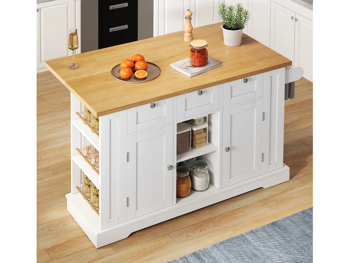 Isla de cocina móvil - con USB - encimera extensible - 3 cajones y 2 puertas - con toallero - MDF - blanco