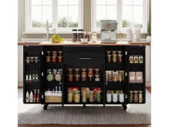 Isla de cocina móvil - encimera extensible - con estante para especias y toallero - con 2 cajones y 4 puertas - MDF - Negro