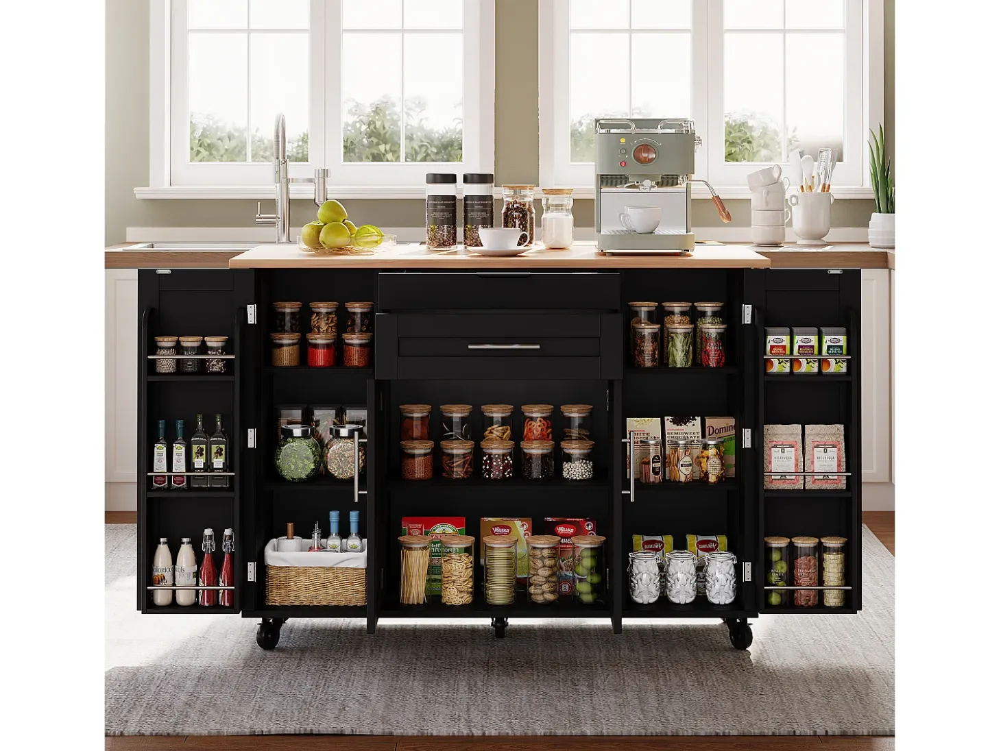 Isla de cocina móvil - encimera extensible - con estante para especias y toallero - con 2 cajones y 4 puertas - MDF - Negro