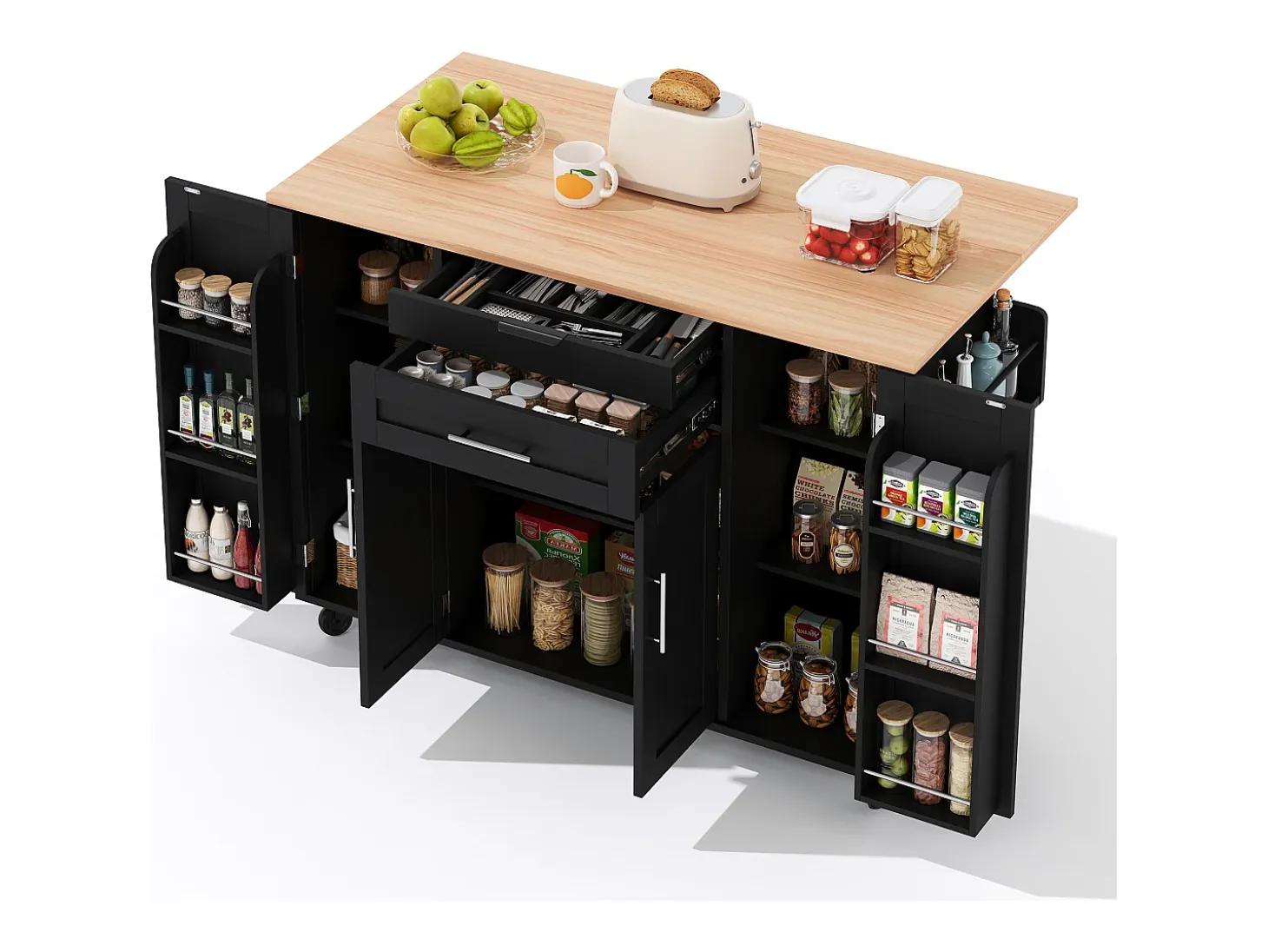 Isla de cocina móvil - encimera extensible - con estante para especias y toallero - con 2 cajones y 4 puertas - MDF - Negro