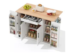 Isla de cocina móvil - encimera extensible - con estante para especias y toallero - con 2 cajones y 4 puertas - MDF - Blanco