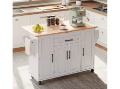 Isla de cocina móvil - encimera extensible - con estante para especias y toallero - con 2 cajones y 4 puertas - MDF - Blanco