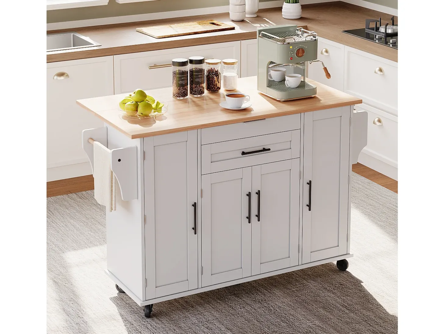 Isla de cocina móvil - encimera extensible - con estante para especias y toallero - con 2 cajones y 4 puertas - MDF - Blanco