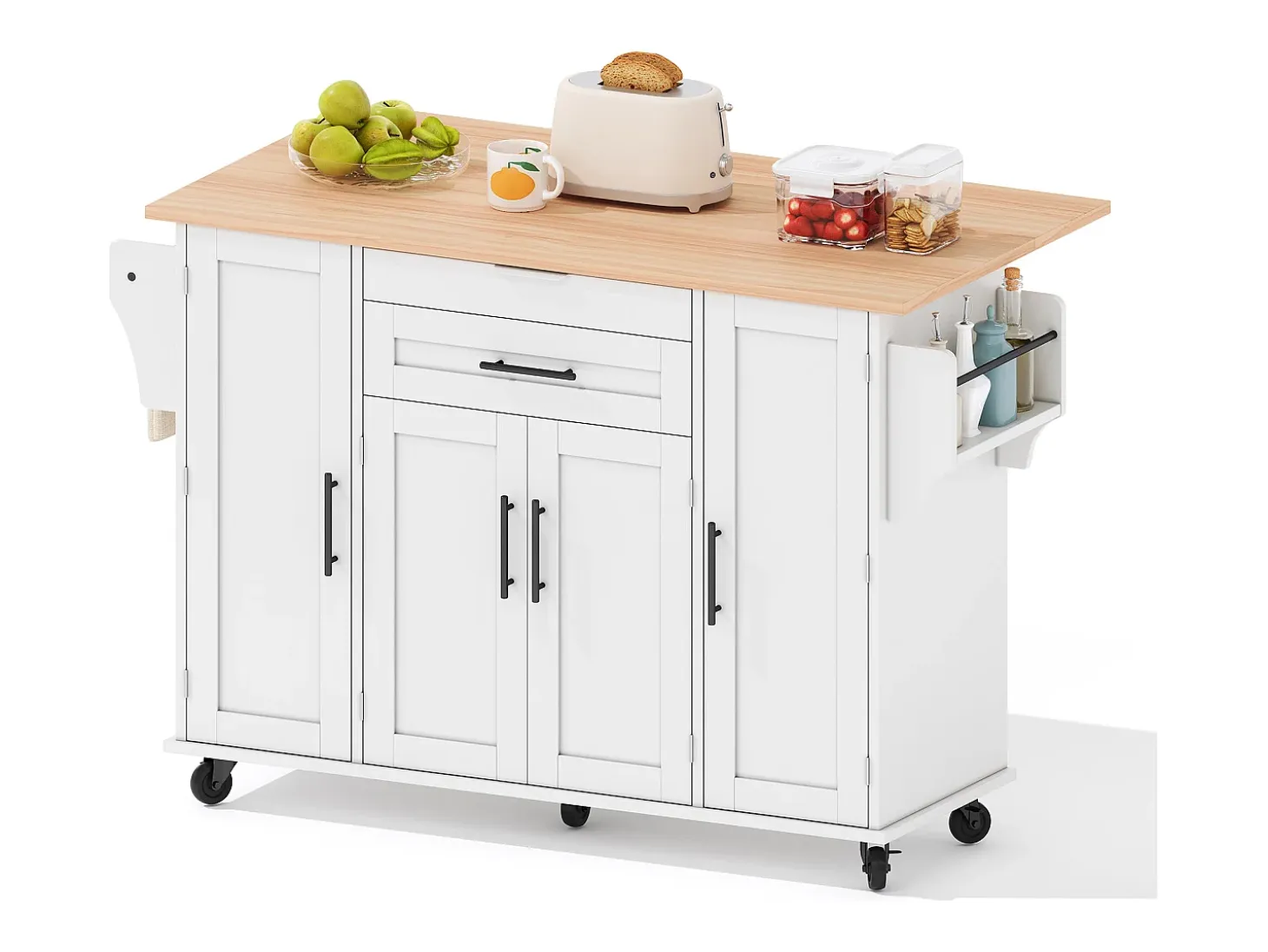 Isla de cocina móvil - encimera extensible - con estante para especias y toallero - con 2 cajones y 4 puertas - MDF - Blanco