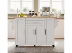 Isla de cocina móvil - encimera extensible - con estante para especias y toallero - con 2 cajones y 4 puertas - MDF - Blanco