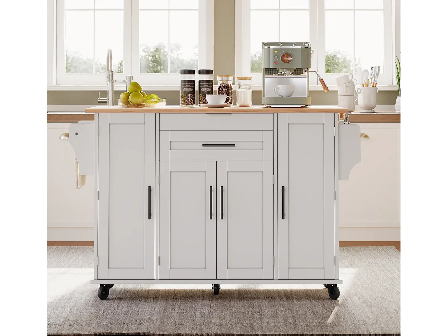 Isla de cocina móvil - encimera extensible - con estante para especias y toallero - con 2 cajones y 4 puertas - MDF - Blanco