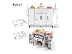 Isla de cocina móvil - encimera extensible - con estante para especias y toallero - con 2 cajones y 4 puertas - MDF - Blanco