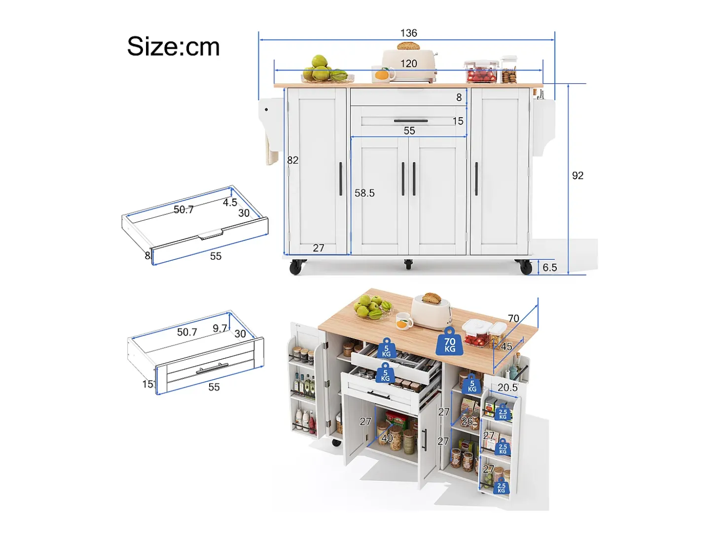 Isla de cocina móvil - encimera extensible - con estante para especias y toallero - con 2 cajones y 4 puertas - MDF - Blanco