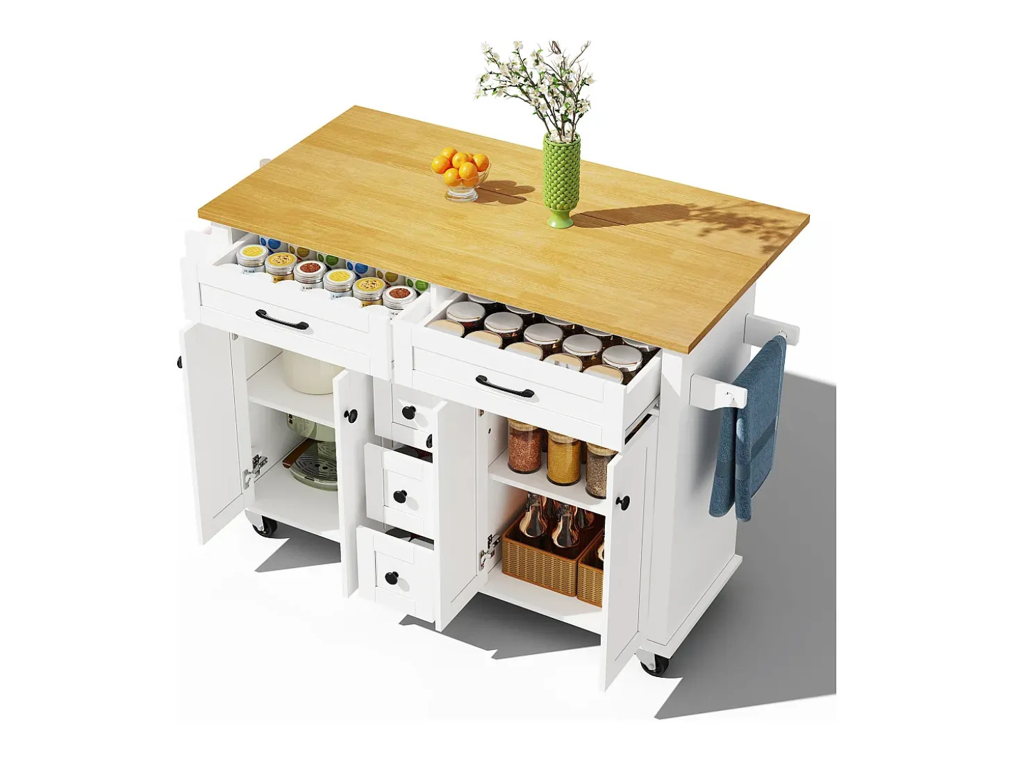 Isla de cocina móvil - encimera extensible - 5 cajones y 4 puertas - con toallero - MDF - blanco