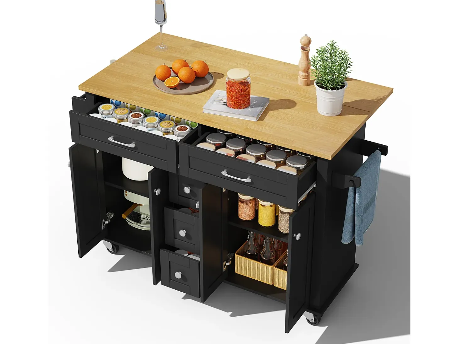 Isla de cocina móvil - encimera extensible - 5 cajones y 4 puertas - con toallero - MDF - negro