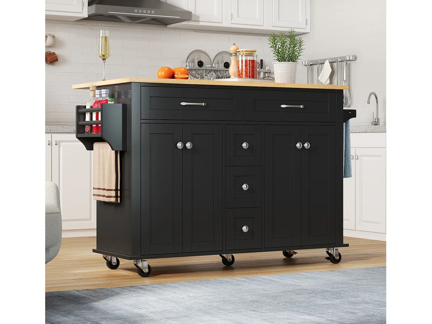 Isla de cocina móvil - encimera extensible - 5 cajones y 4 puertas - con toallero - MDF - negro