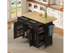 Isla de cocina móvil - encimera extensible - 2 cajones y 2 puertas - con toallero - MDF - Negro