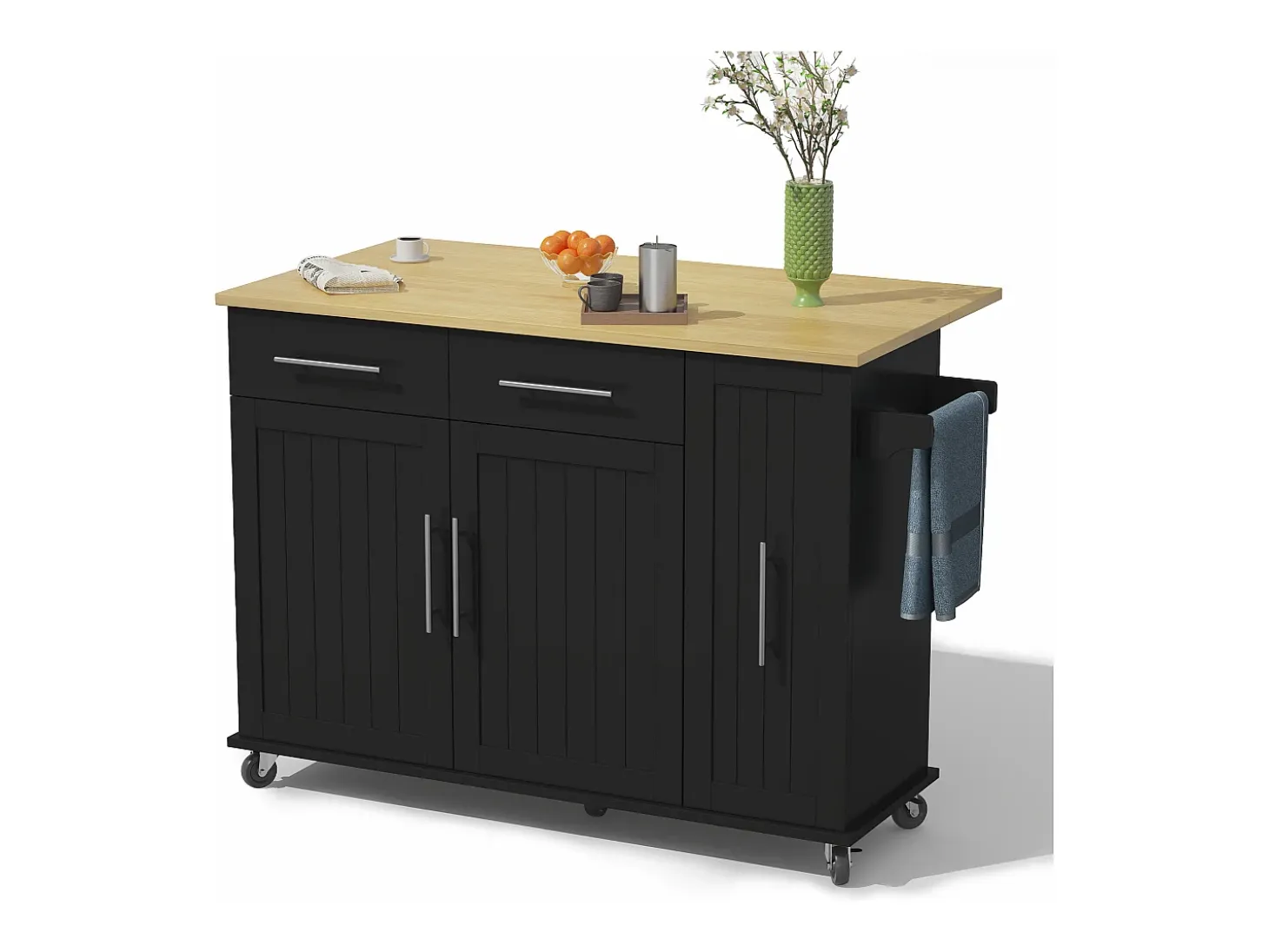 Isla de cocina móvil - encimera extensible - 2 cajones y 2 puertas - con toallero - MDF - Negro